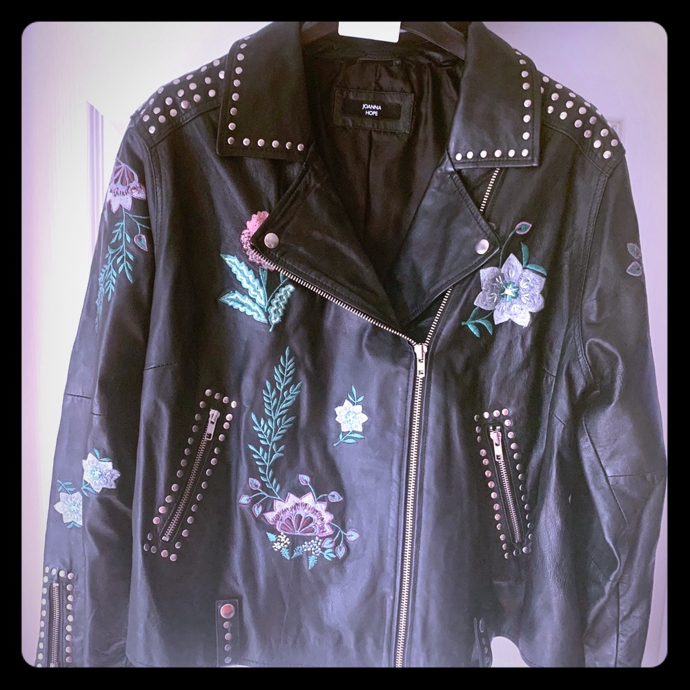 Embroidered Black Leather Jacket